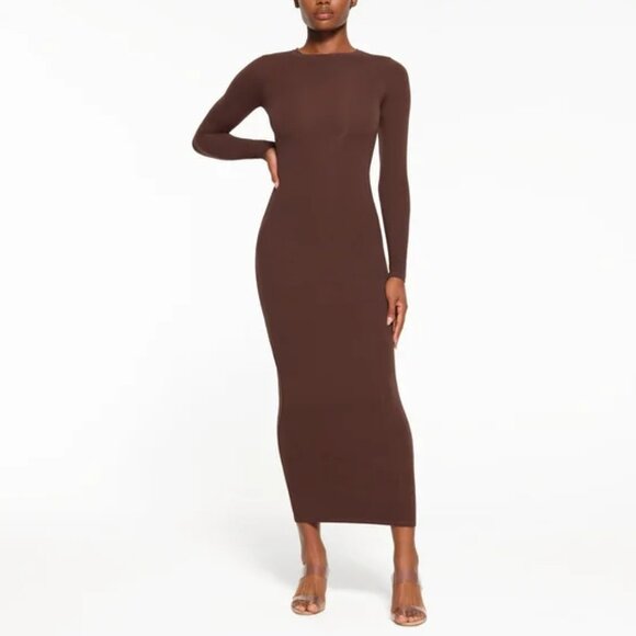 SKIMS Fits Everybody Long Sleeve Dress - Cocoa - Picture 1 of 4